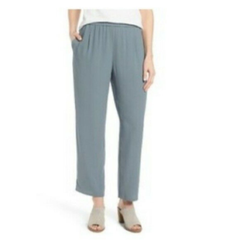 Eileen Fisher Slate Blue Elastic Waist Straight-Leg Pants